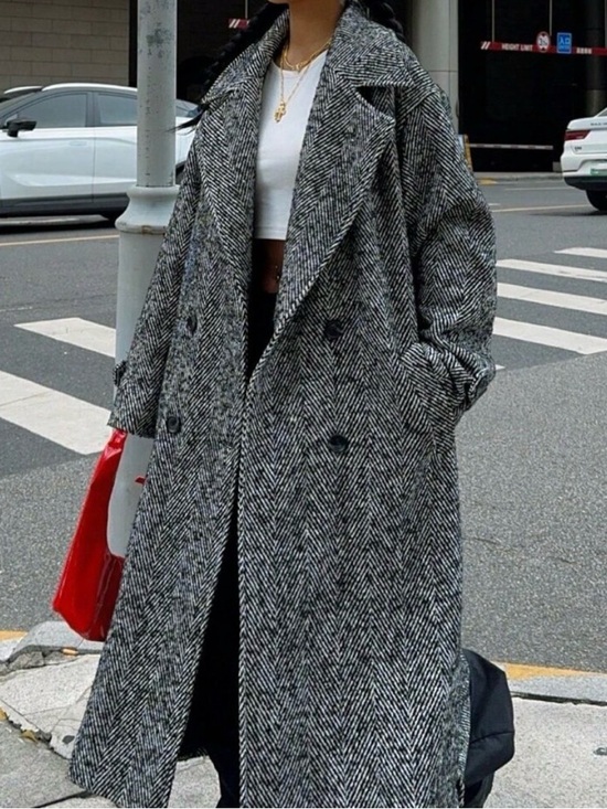 Pink Diamond Jackets & Blazers - Pink Diamond Oversized Double-Breasted Herringbone Pea Coat - Black & White